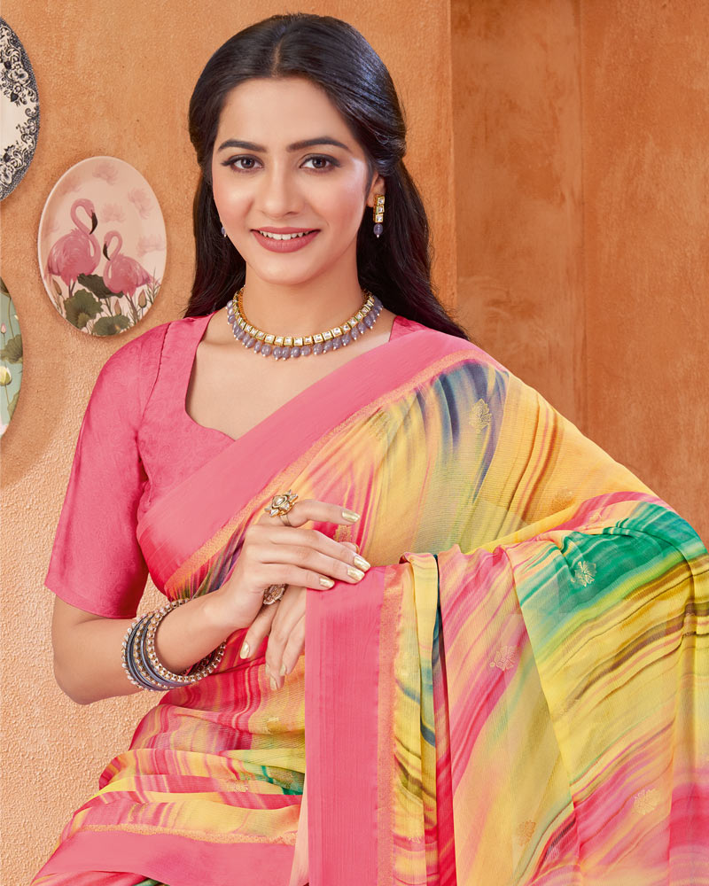 Vishal Prints Froly Pink Digital Print Chiffon Saree With Foil Print And Weaved Satin Patta