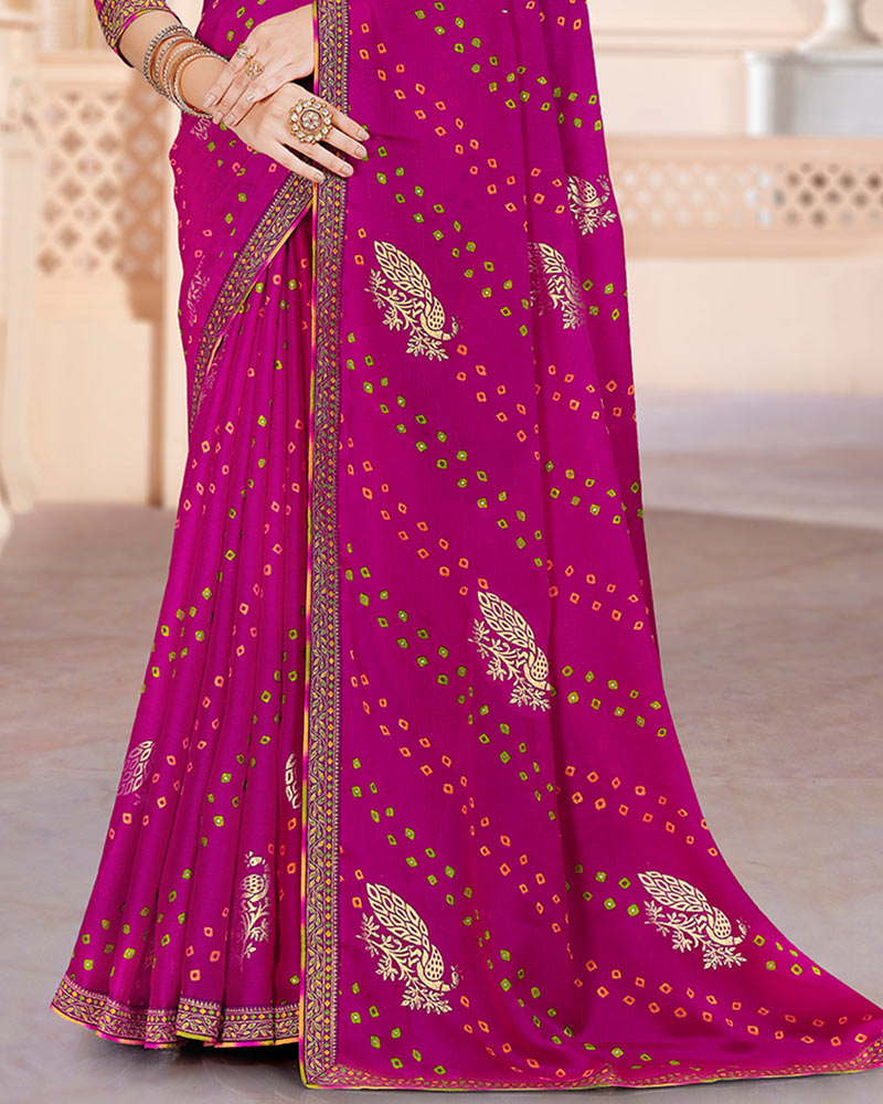 Vishal Prints Dark Fuchsia Printed Chiffon Bandhani Print Saree With Foil Print And Zari Border