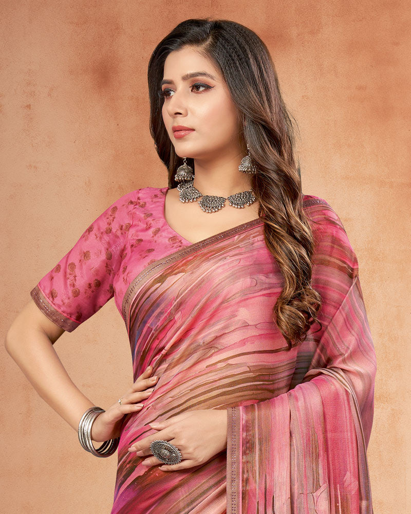Vishal Prints Dusty Rose Pink Digital Print Brasso Saree With Fancy Border