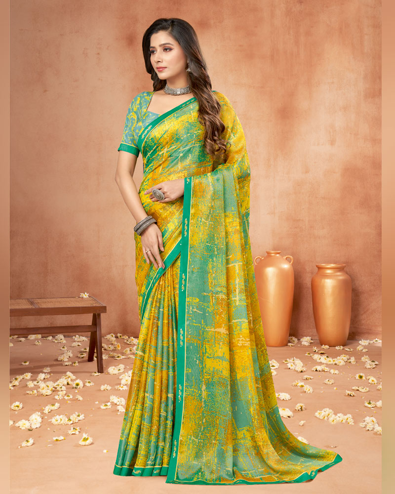 Vishal Prints Mustard Yellow Digital Print Brasso Saree With Fancy Border