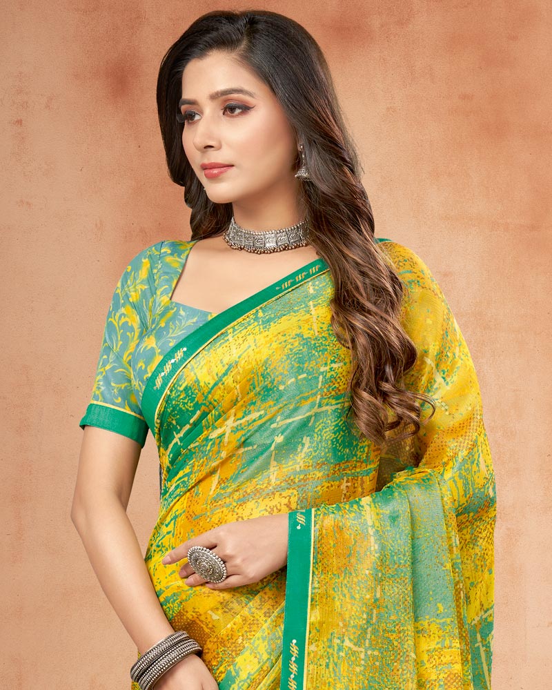 Vishal Prints Mustard Yellow Digital Print Brasso Saree With Fancy Border
