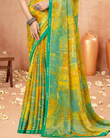 Vishal Prints Mustard Yellow Digital Print Brasso Saree With Fancy Border