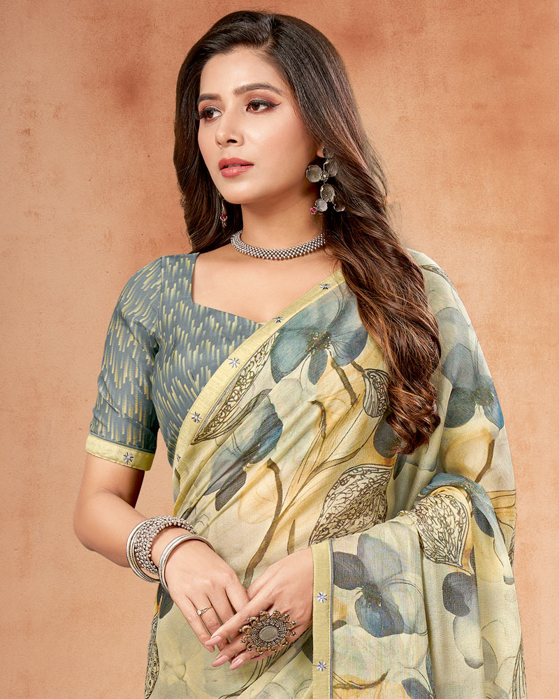 Vishal Prints Soft Sage Green Digital Print Brasso Saree With Fancy Border