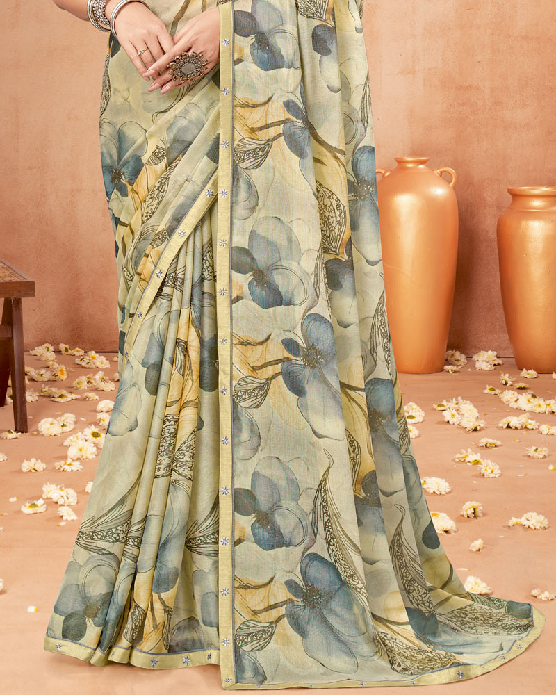 Vishal Prints Soft Sage Green Digital Print Brasso Saree With Fancy Border