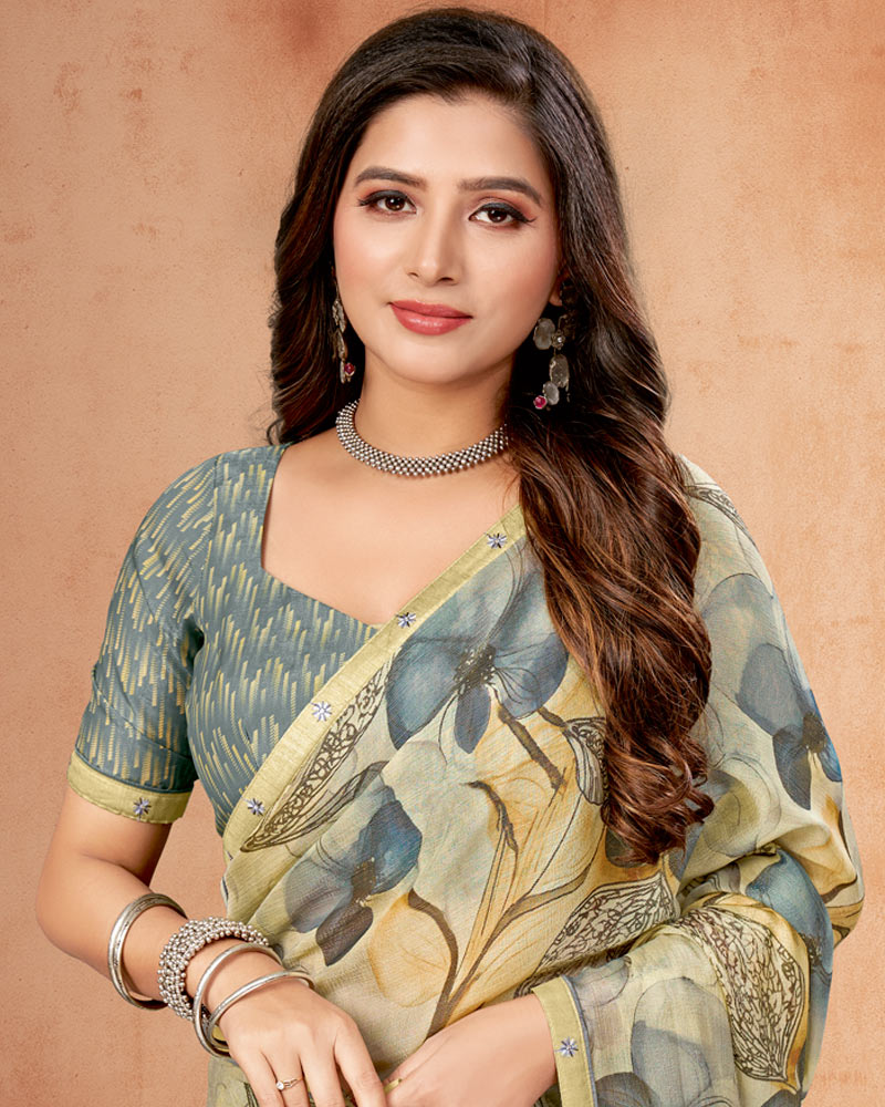 Vishal Prints Soft Sage Green Digital Print Brasso Saree With Fancy Border