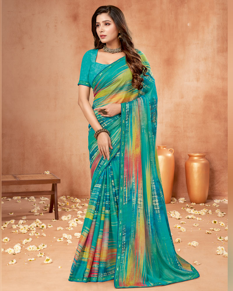 Vishal Prints Teal Blue Digital Print Brasso Saree With Fancy Border