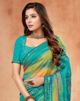 Vishal Prints Teal Blue Digital Print Brasso Saree With Fancy Border