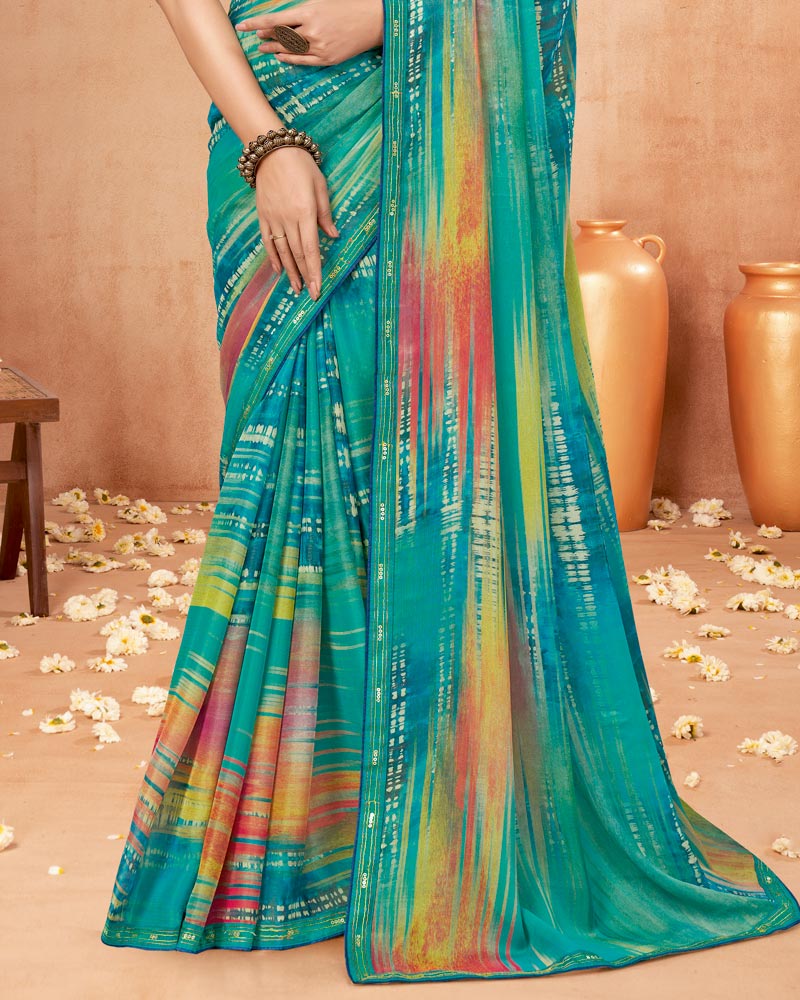 Vishal Prints Teal Blue Digital Print Brasso Saree With Fancy Border
