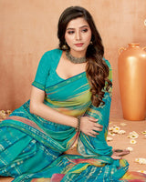 Vishal Prints Teal Blue Digital Print Brasso Saree With Fancy Border