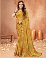 Vishal Prints Mustard Green Digital Print Brasso Saree With Fancy Border
