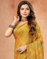 Vishal Prints Mustard Green Digital Print Brasso Saree With Fancy Border