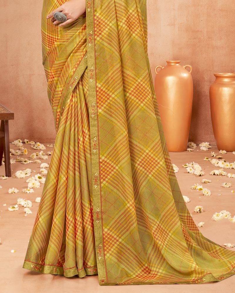 Vishal Prints Mustard Green Digital Print Brasso Saree With Fancy Border