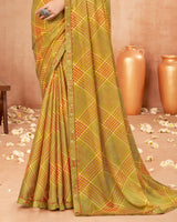 Vishal Prints Mustard Green Digital Print Brasso Saree With Fancy Border