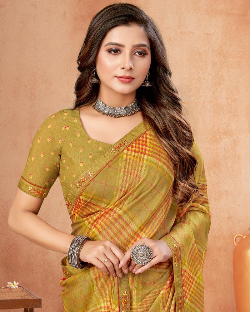 Vishal Prints Mustard Green Digital Print Brasso Saree With Fancy Border
