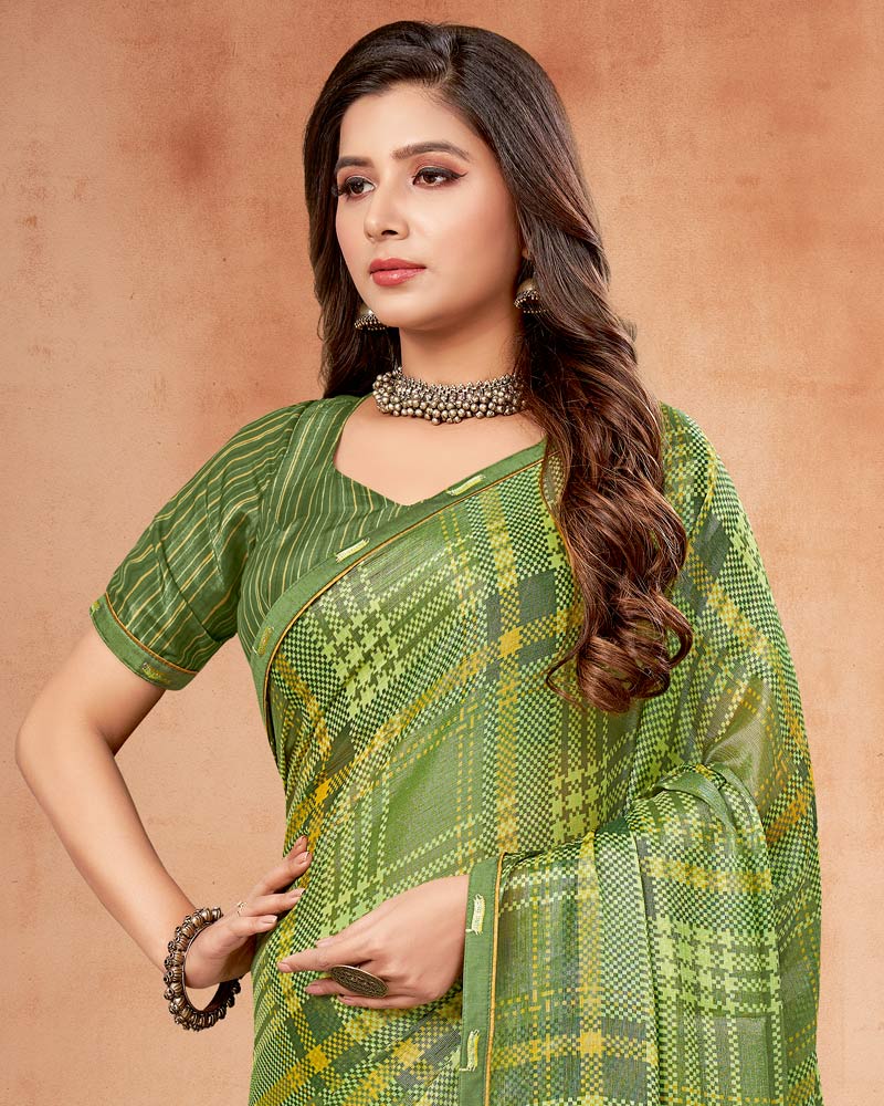 Vishal Prints Moss Green Digital Print Brasso Saree With Fancy Border