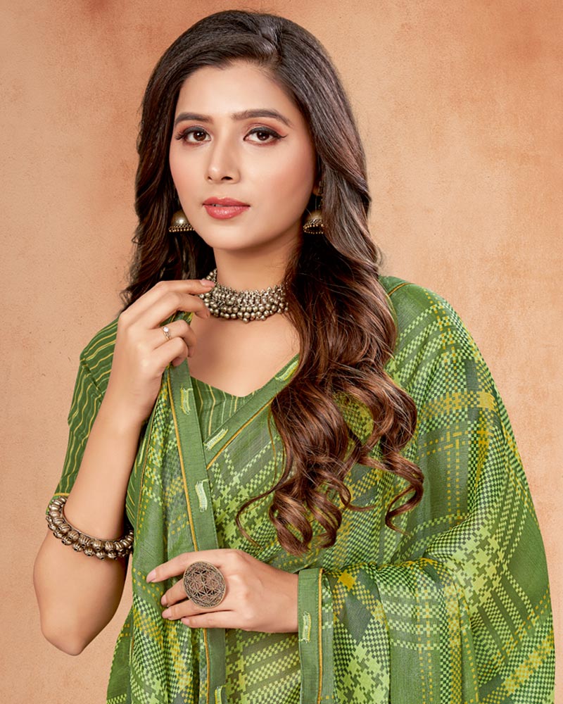 Vishal Prints Moss Green Digital Print Brasso Saree With Fancy Border