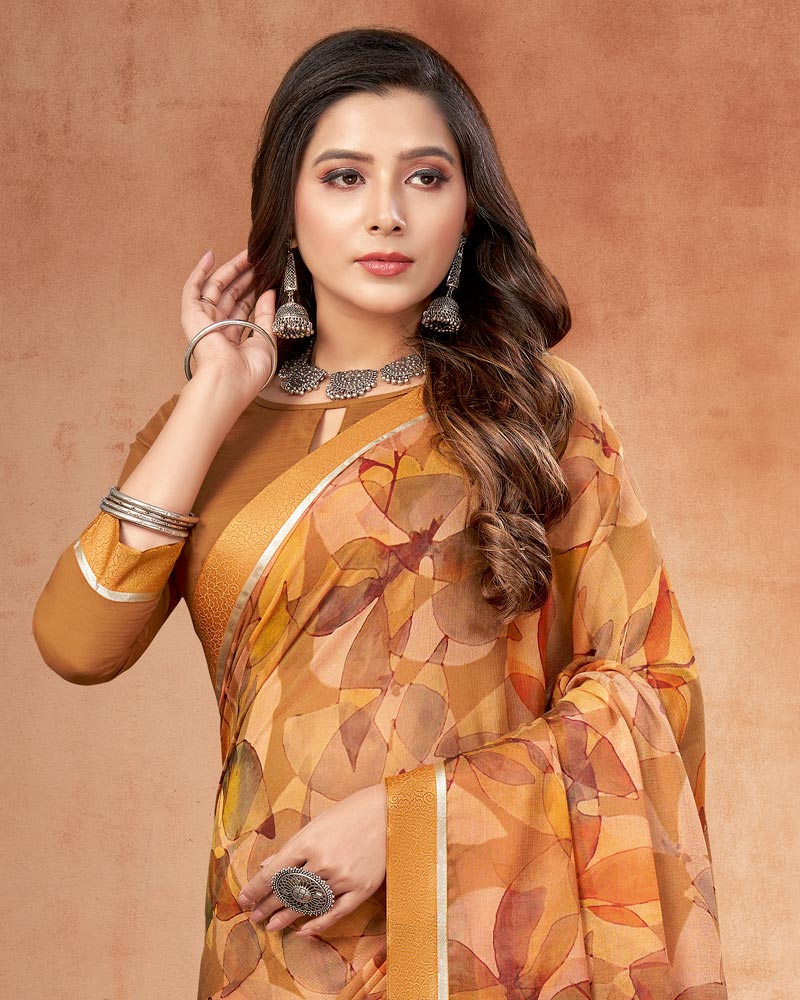 Vishal Prints Pastel Orange Digital Print Brasso Saree With Fancy Border