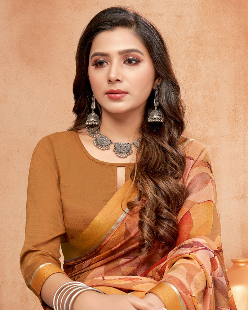 Vishal Prints Pastel Orange Digital Print Brasso Saree With Fancy Border