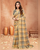 Vishal Prints Beige Grey Digital Print Brasso Saree With Fancy Border