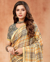 Vishal Prints Beige Grey Digital Print Brasso Saree With Fancy Border