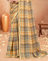 Vishal Prints Beige Grey Digital Print Brasso Saree With Fancy Border