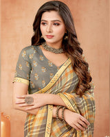 Vishal Prints Beige Grey Digital Print Brasso Saree With Fancy Border
