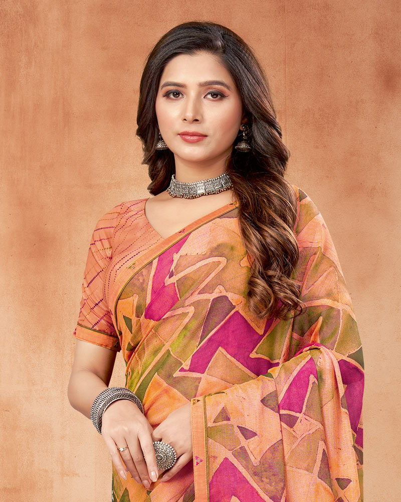 Vishal Prints Peach Orange Digital Print Brasso Saree With Fancy Border