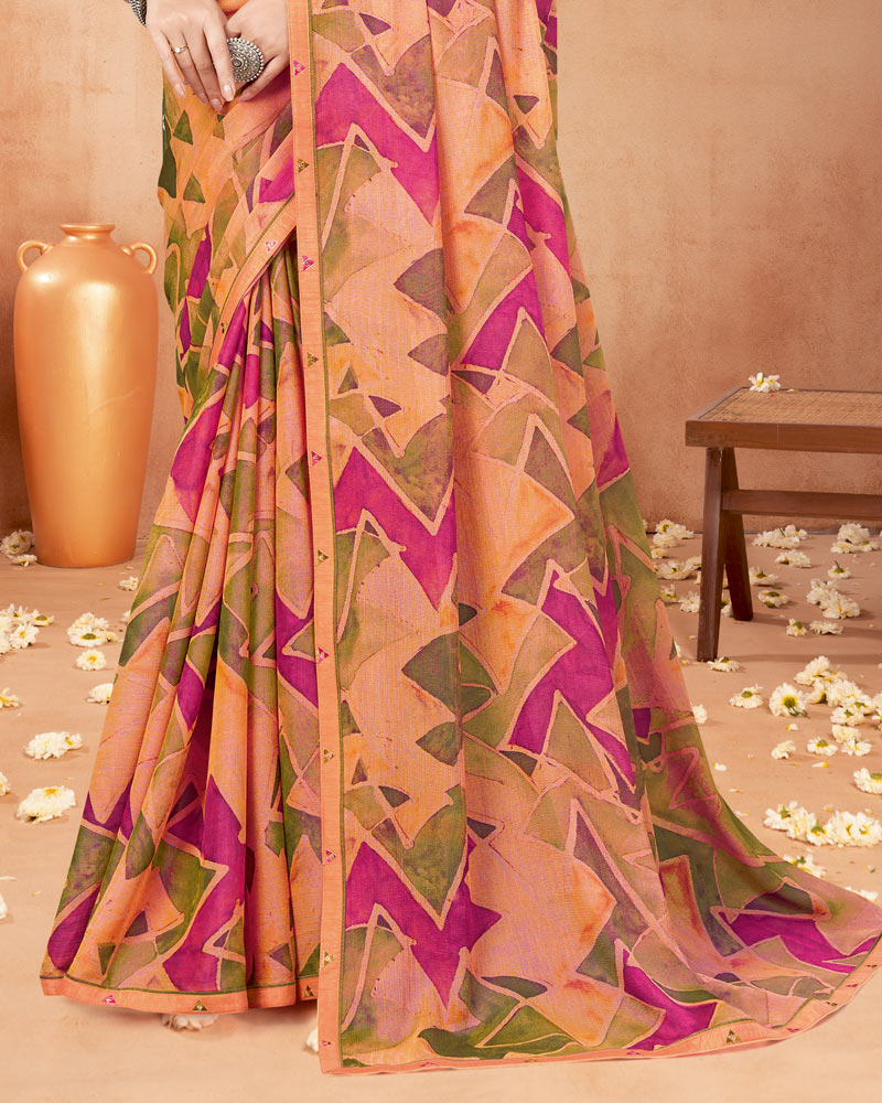 Vishal Prints Peach Orange Digital Print Brasso Saree With Fancy Border