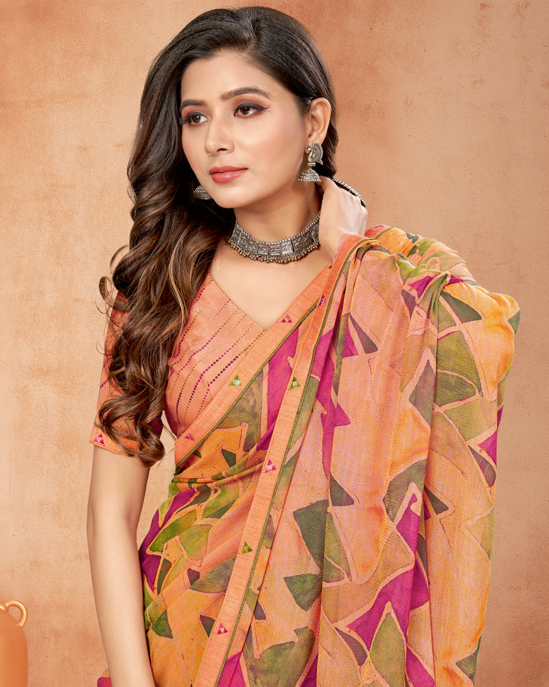 Vishal Prints Peach Orange Digital Print Brasso Saree With Fancy Border
