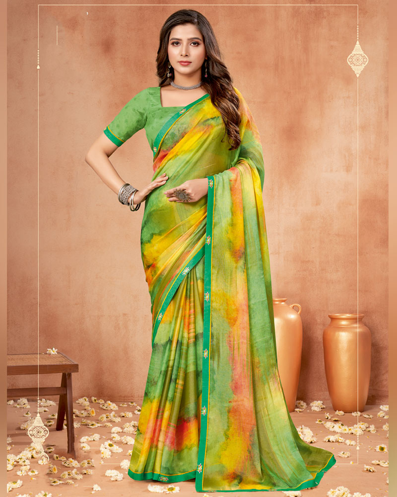 Vishal Prints Leaf Green Digital Print Brasso Saree With Fancy Border