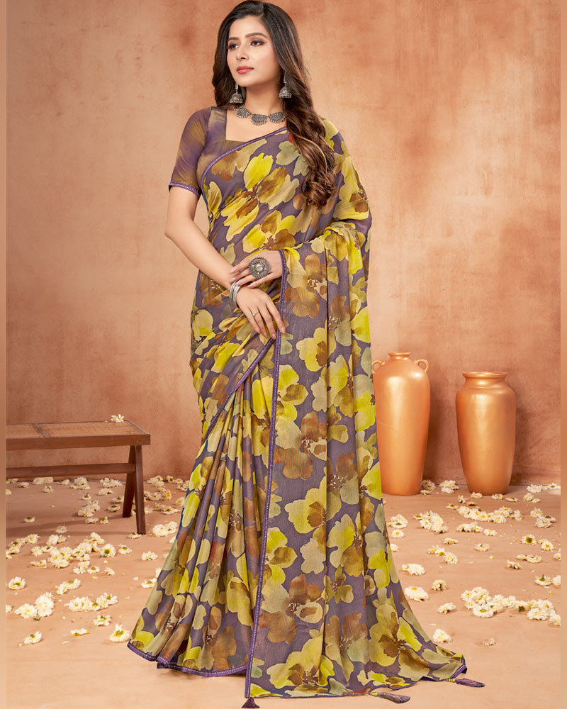 Vishal Prints Mauve Purple Digital Print Brasso Saree With Fancy Border