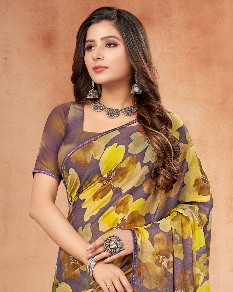 Vishal Prints Mauve Purple Digital Print Brasso Saree With Fancy Border