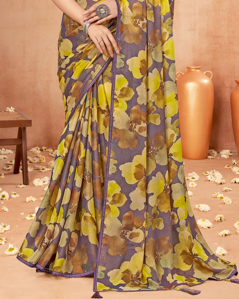 Vishal Prints Mauve Purple Digital Print Brasso Saree With Fancy Border