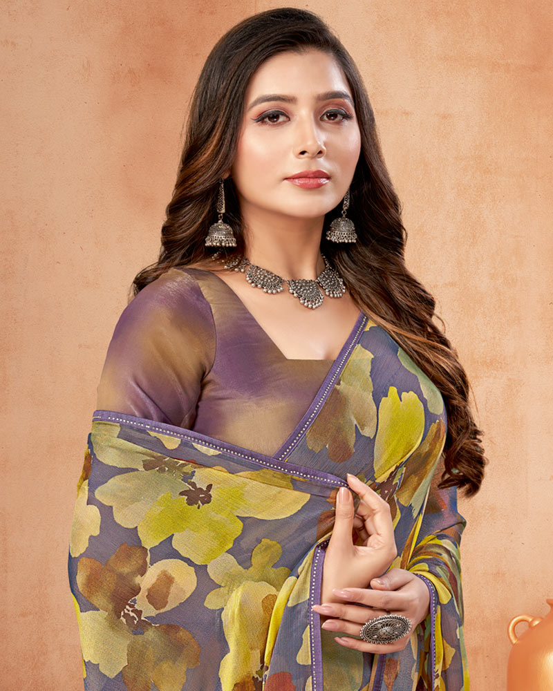 Vishal Prints Mauve Purple Digital Print Brasso Saree With Fancy Border