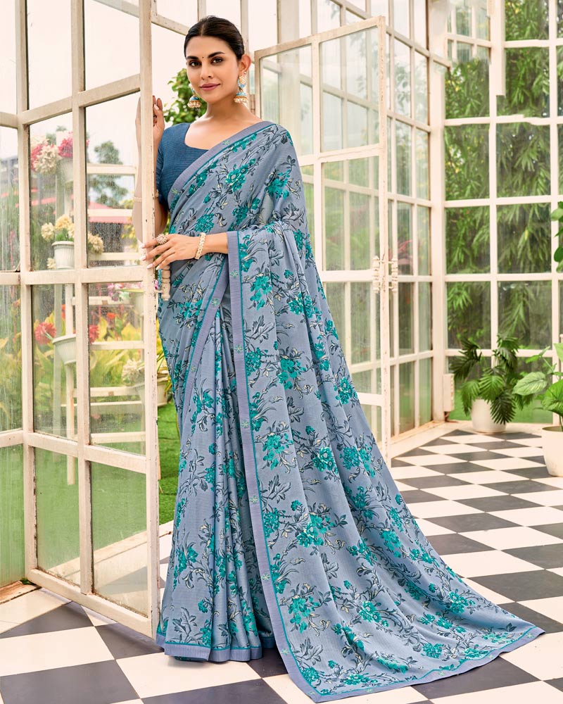 Vishal Prints Greyish Blue Printed Brasso Saree With Fancy Border