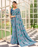 Vishal Prints Greyish Blue Printed Brasso Saree With Fancy Border