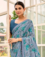 Vishal Prints Greyish Blue Printed Brasso Saree With Fancy Border