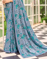 Vishal Prints Greyish Blue Printed Brasso Saree With Fancy Border