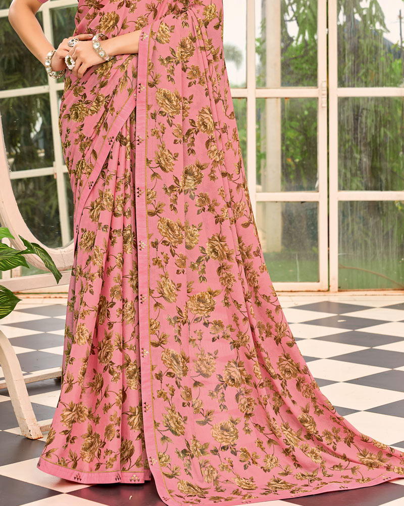 Vishal Prints Dusty Rose Pink Printed Brasso Saree With Fancy Border