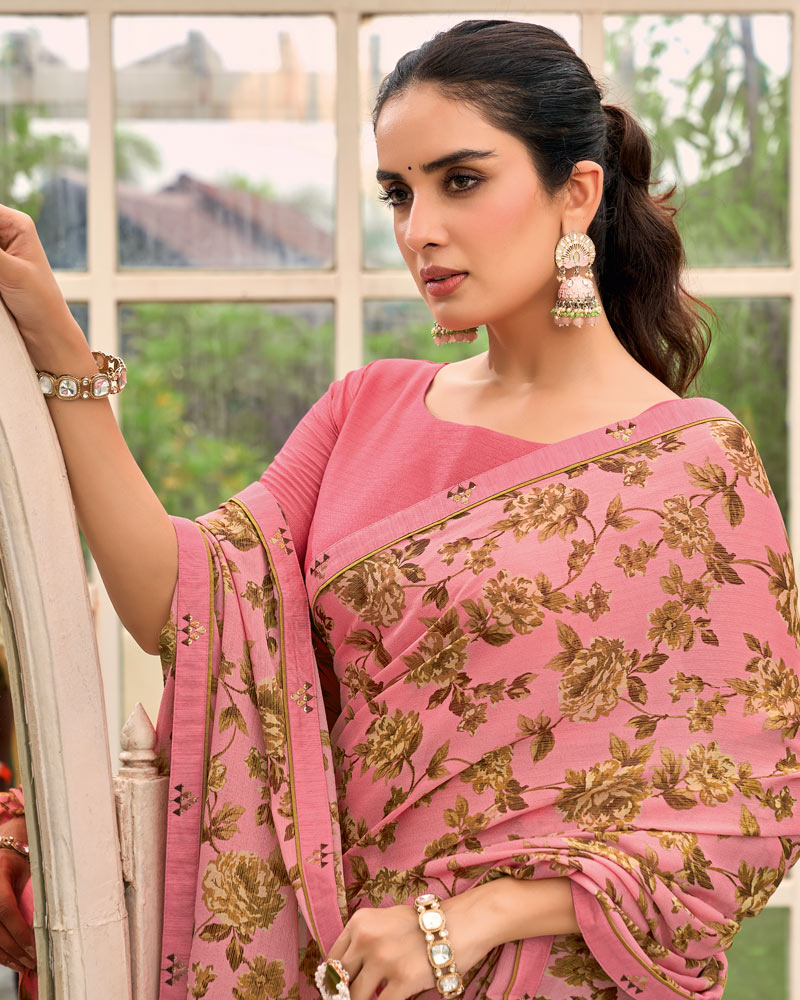 Vishal Prints Dusty Rose Pink Printed Brasso Saree With Fancy Border