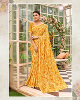 Vishal Prints Pastel Mustard Yellow Printed Brasso Saree With Fancy Border