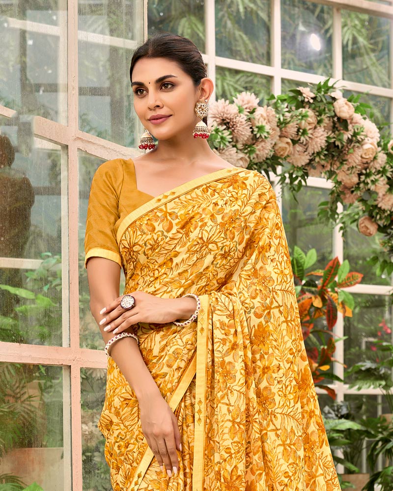 Vishal Prints Pastel Mustard Yellow Printed Brasso Saree With Fancy Border