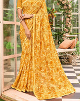 Vishal Prints Pastel Mustard Yellow Printed Brasso Saree With Fancy Border