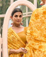 Vishal Prints Pastel Mustard Yellow Printed Brasso Saree With Fancy Border