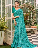 Vishal Prints Neptune Blue Printed Brasso Saree With Fancy Border