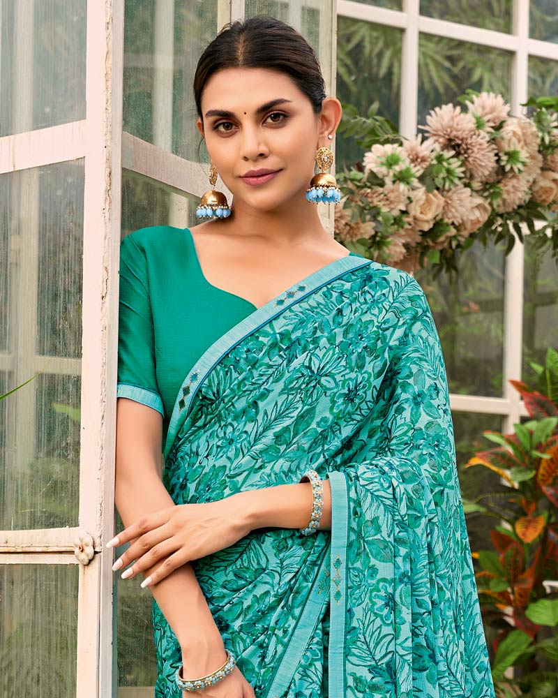 Vishal Prints Neptune Blue Printed Brasso Saree With Fancy Border