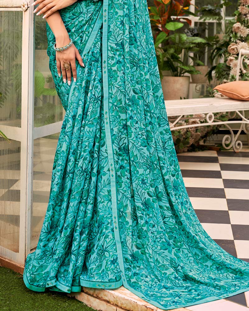 Vishal Prints Neptune Blue Printed Brasso Saree With Fancy Border
