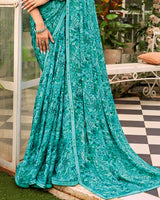 Vishal Prints Neptune Blue Printed Brasso Saree With Fancy Border