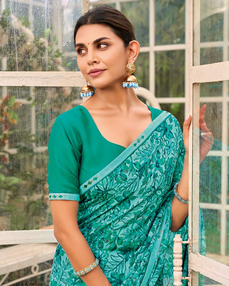 Vishal Prints Neptune Blue Printed Brasso Saree With Fancy Border
