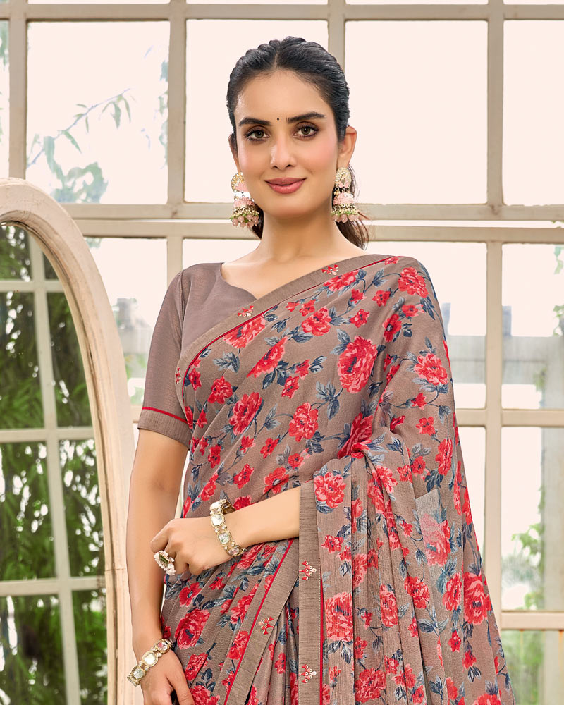 Vishal Prints Oriental Pink Printed Brasso Saree With Fancy Border